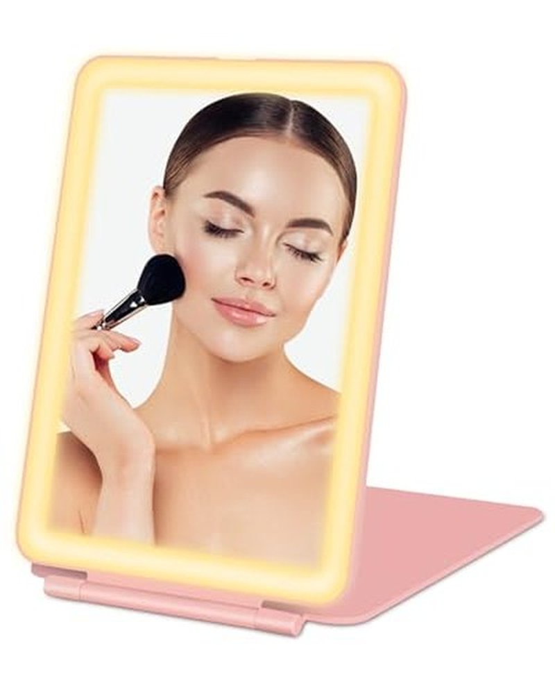 Dec.Metu Travel Mirror with Lights Makeup Mirror Touch Screen 3 Colors Light 72 LEDs Rechargeable, 1000mHA 7.9x5.3-Inch Desk Compact Mirror Pink
