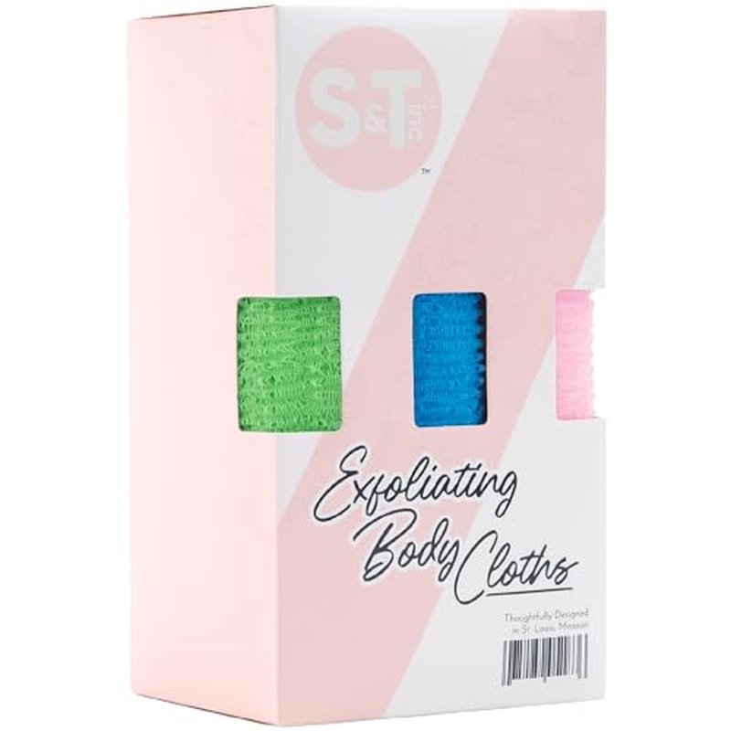 S&T INC. Back Scrubber for Shower, Exfoliating Body Scrubber or Bath Exfoliating Towel for Skin Care, 11.8 Inches x 35.4 Inches, Assorted Pink, 3 Pack