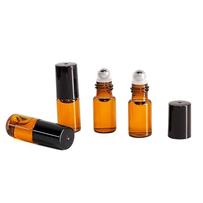 PYAWI 50 PCS 3ml Amber Glass Roller Bottle,Essential Oil Sample Vials with Stainless Steel Roller Ball,Black Caps,for Travel Perfume Cosmetics Small Container(2 Funnels, 2 Dropper, 1 Opener) (3ml)