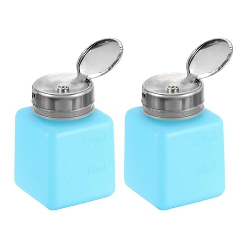 HARFINGTON 2pcs Solvent Alcohol Dispenser 120ml(4oz) Nail Polish Remover Push Down Liquid Dispenser Pump Bottle with Stainless Steel Press Head for Acetone Cleanser Polish Remover, Blue