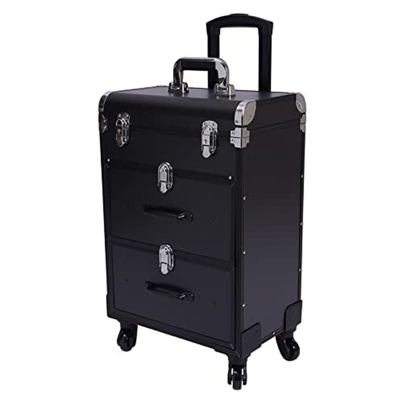 PalaUha Rolling Makeup Train Case Professional Cosmetic Organizer Trolley with Drawers Compartment Nail Case Wheeled Manicure Pedicure Storage Case for Hair Stylists Makeup Artists (Black & Silver A)