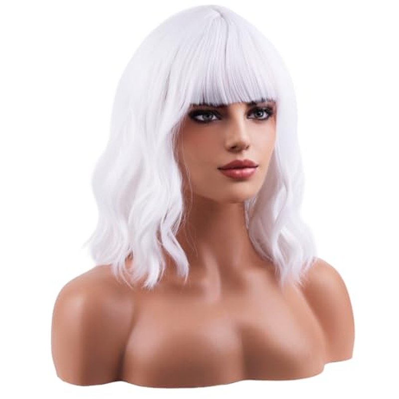 WTHCOS White Wig Short Bob Wig Short White Wig With Bangs Curly Wavy White Wig for Women Heat Resistant Synthetic Hair Wigs for Daily Use Cosplay Wig With Wig Cap