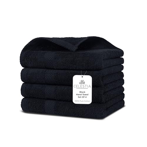 Villa Celestia 100% Cotton Hand Towel Set of 4, (16 x 28 inches) Sustainable, Soft, Highly Absorbent, Quick Drying, Combed Cotton Hand Towels Pack of 4 Ideal for Hotels, Spa, Bathroom, Dorm, Black