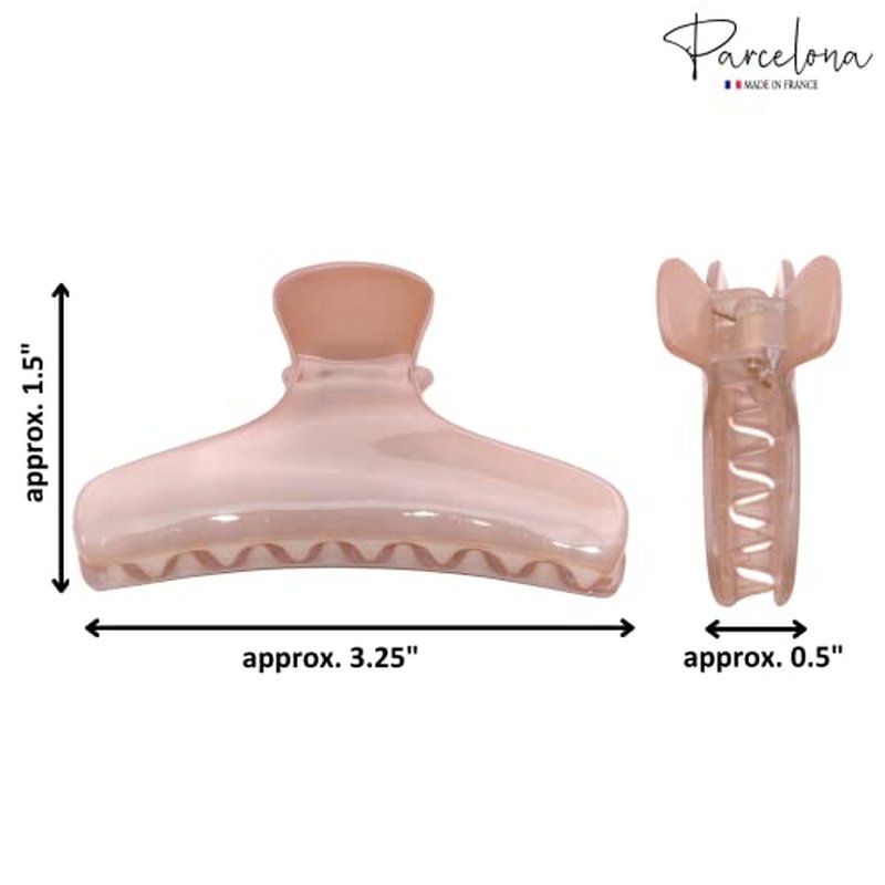 Parcelona French Flat Salon Style Medium 3 1/4" Celluloid Covered Spring No Slip Grip Jaw Hair Claw Durable Styling Hair Accessories Women Strong Hold Girls Hair Claw Clips, Made in France (Blush Pink)