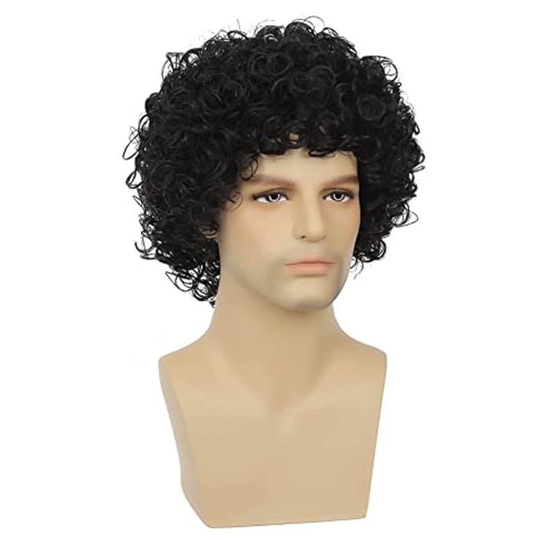 Dai Cloud Curly Wig Men Afro Wig Short Black Rocker Party Wig 70s 80s Fluffy Synthetic Daily Cosplay Halloween Hair Wig for Male Guys (Black)