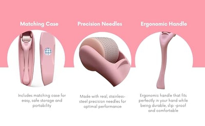 Derma Roller Microneedling Roller, 0.25mm Stainless Steel, Roller for Face, Beard, Hair, Body, Microneedle Derm Stamp with Storage Case | For Women and Men | (Matte Baby Pink)