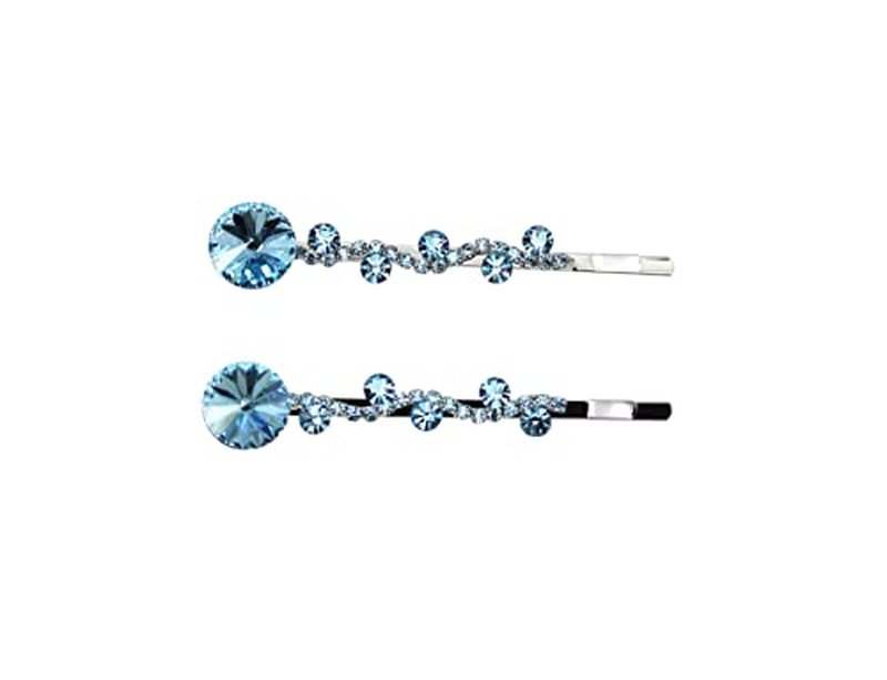 Faship A Pair Of Navy Blue Premium Rhinestone Crystal Floral Hair Clips 2 Pcs Pins - Navy Blue/Gold Plated