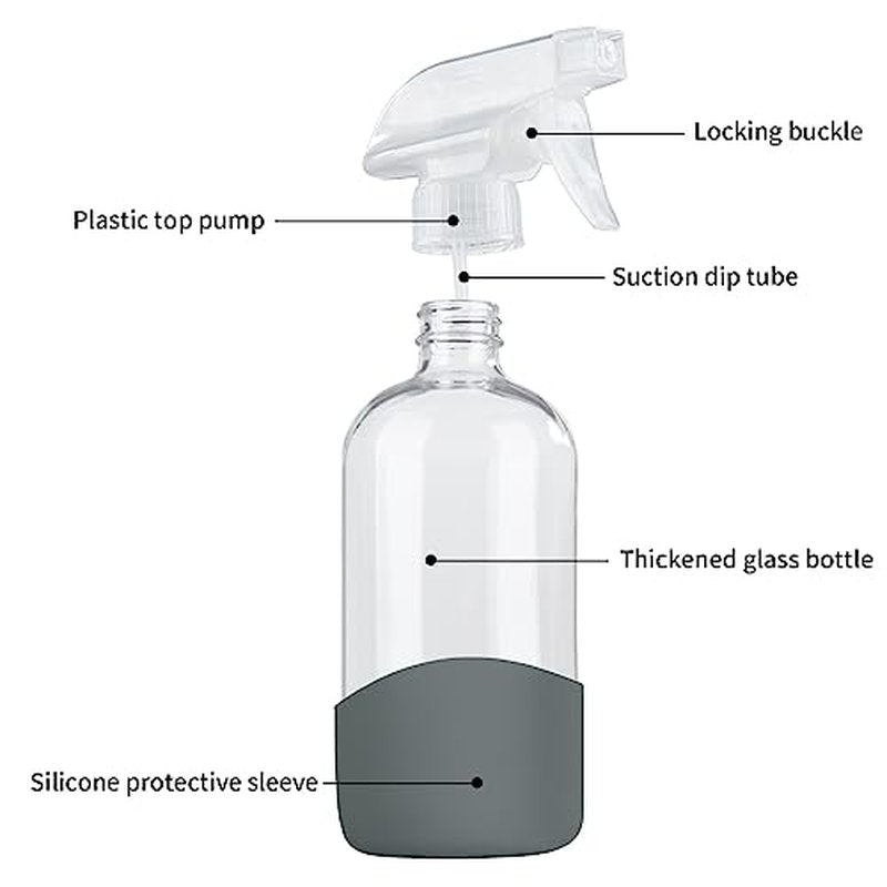 HOMBYS 8 Oz Empty Clear Glass Spray Bottles with Silicone Sleeve Protection Refillable Containers for Cleaning Solutions, Essential Oils, Misting Plants - Quality Sprayer - 1 Pack Boston Bottles