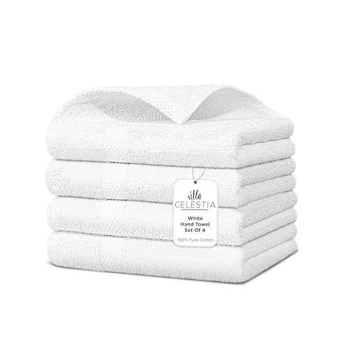 Villa Celestia 100% Cotton Hand Towel Set of 4, (16 x 28 inches) Sustainable, Soft, Highly Absorbent, Quick Drying, Combed Cotton Hand Towels Pack of 4 Ideal for Hotels, Spa, Bathroom, Dorm, White