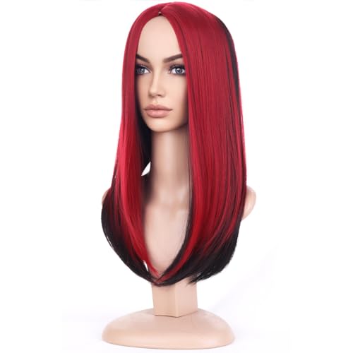 BERON Black and Red Long Wig for Women Straight Girls Color Costume Hair Wigs Middle Part Heat Resistant Synthetic for Cosplay Party or Daily Use Wig