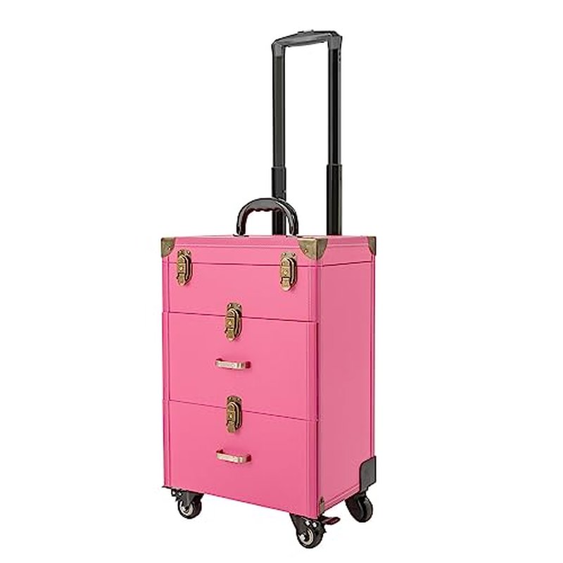 PalaUha Rolling Makeup Train Case Professional Cosmetic Organizer Trolley with Drawers Compartment Nail Case Wheeled Manicure Pedicure Storage Case for Hair Stylists Makeup Artists (Pink & Copper)