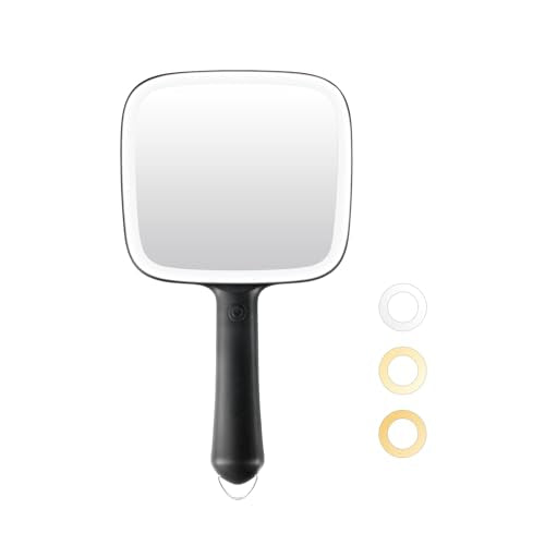 LOGUBYE Hand Mirror with 3 Light Color & Dimmable, 6.2'' X 5.9'' Lighted Handheld Mirror, Lightweight & Durable, Portable Compact Travel Mirror for Makeup, Hair Styling, Shaving, Battery Operated
