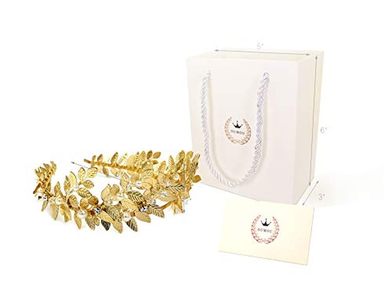 OUMOU The White Ribbon at the 2 Ends for Tying a Bow Hair Accessory Roman Goddess Leaf Branch Dainty Pearls Bridal Headpiece Head Dress Boho Alice Band with Crystal (Rose Gold, 16")