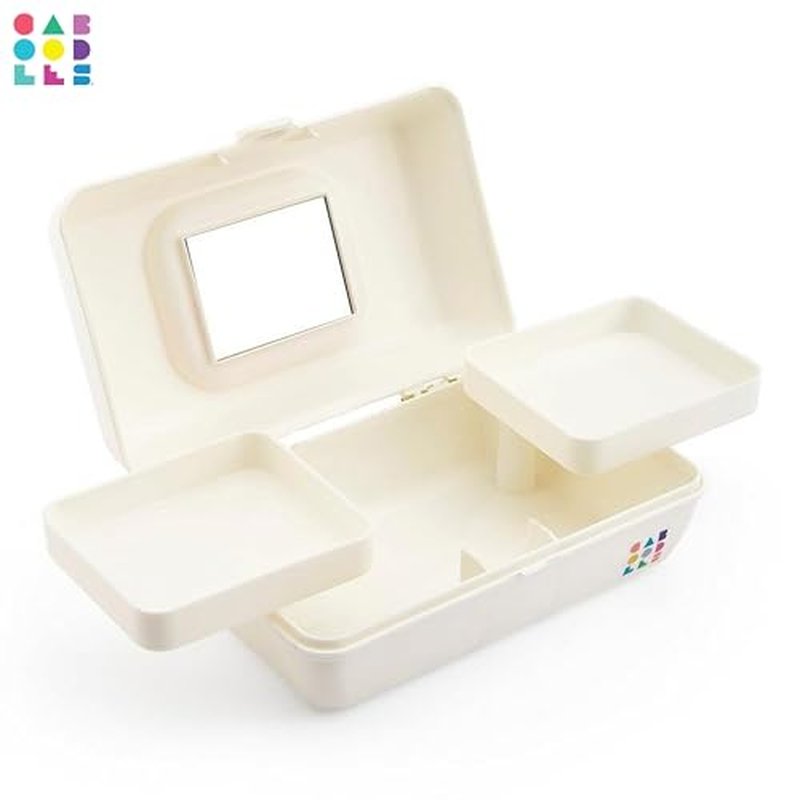 Caboodles Pretty in Petite Makeup Box, Two-Tone White on White, Hard Plastic Organizer Box, 2 Swivel Trays, Fashion Mirror, Secure Latch for Safe Travel