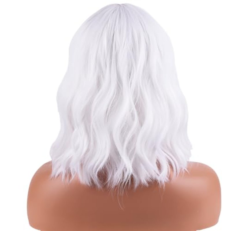WTHCOS White Wig Short Bob Wig Short White Wig With Bangs Curly Wavy White Wig for Women Heat Resistant Synthetic Hair Wigs for Daily Use Cosplay Wig With Wig Cap