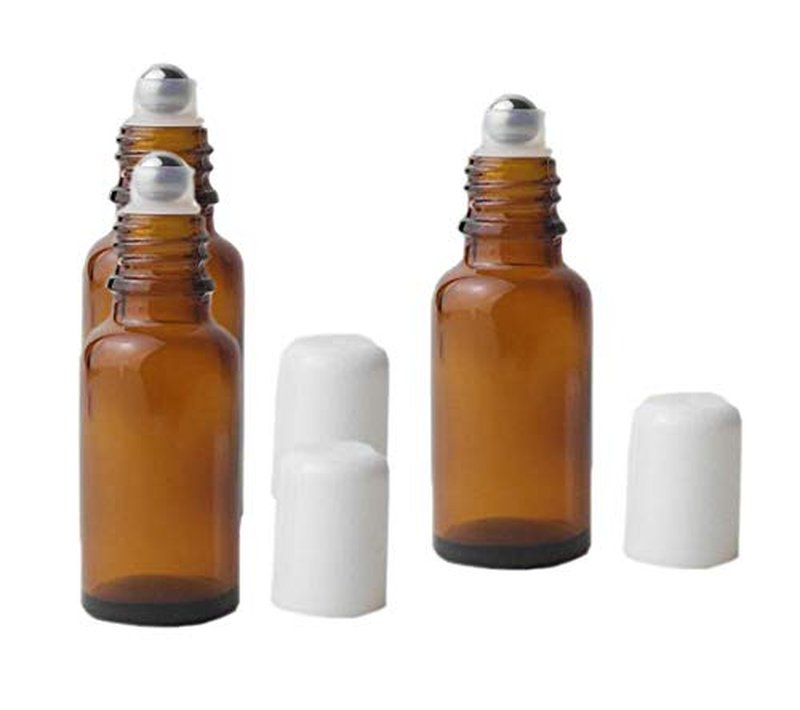 3PCS 20ml Empty Refillabl Amber Glass Roller Bottle With Stainless Steel Balls And White Screw Cover For Essential Oil Lip Balms Perfume