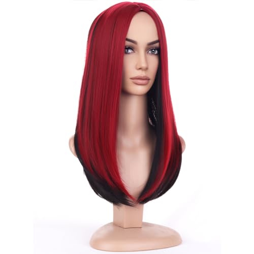 BERON Black and Red Long Wig for Women Straight Girls Color Costume Hair Wigs Middle Part Heat Resistant Synthetic for Cosplay Party or Daily Use Wig