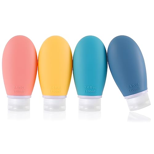 Silicone Travel Bottles,4 Pack 3.4oz Leak Proof Liquid Squeezable Refillable Portable Travel Accessories/Cosmetic Containers,BPA Free,Travel Size Bottles for Toiletries Shampoo Conditioner Lotion