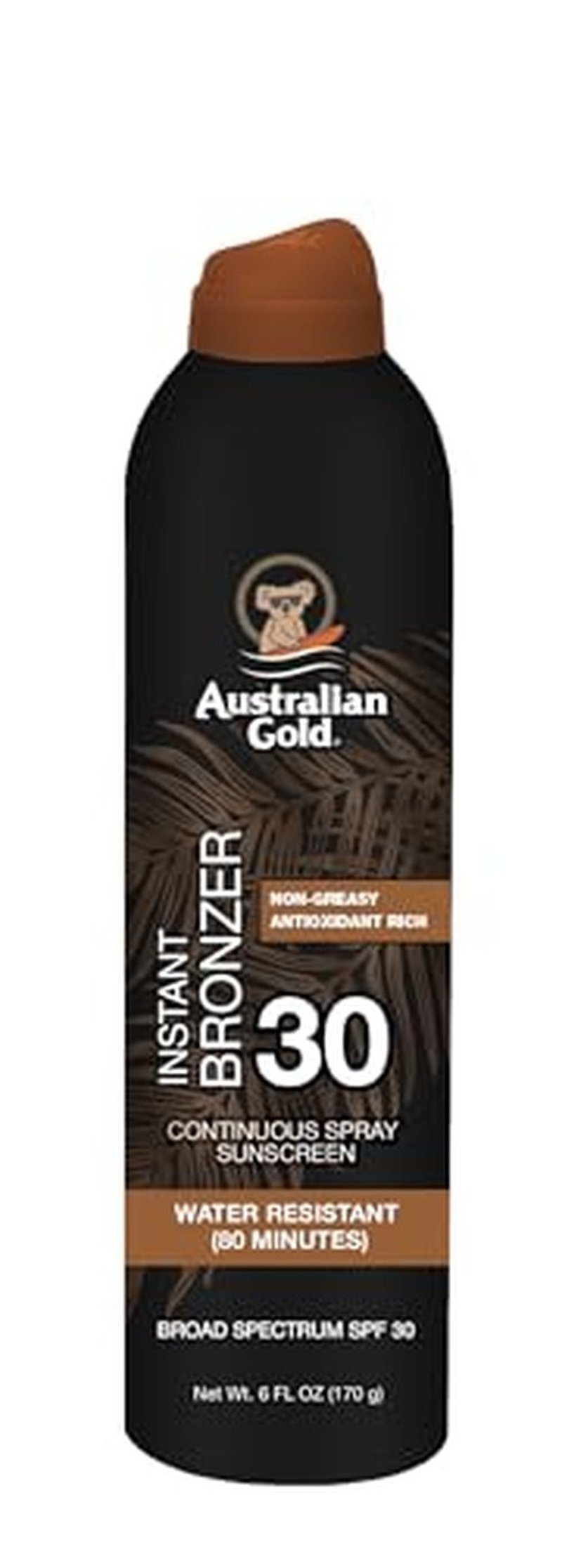 Australian Gold Continuous Spray Sunscreen with Instant Bronzer SPF 30, 6 Ounce, Immediate Glow & Dries Fast, Water Resistant Non Greasy, Vegan and PETA Approved, Bronzer New, Cocoa Dreams Scent