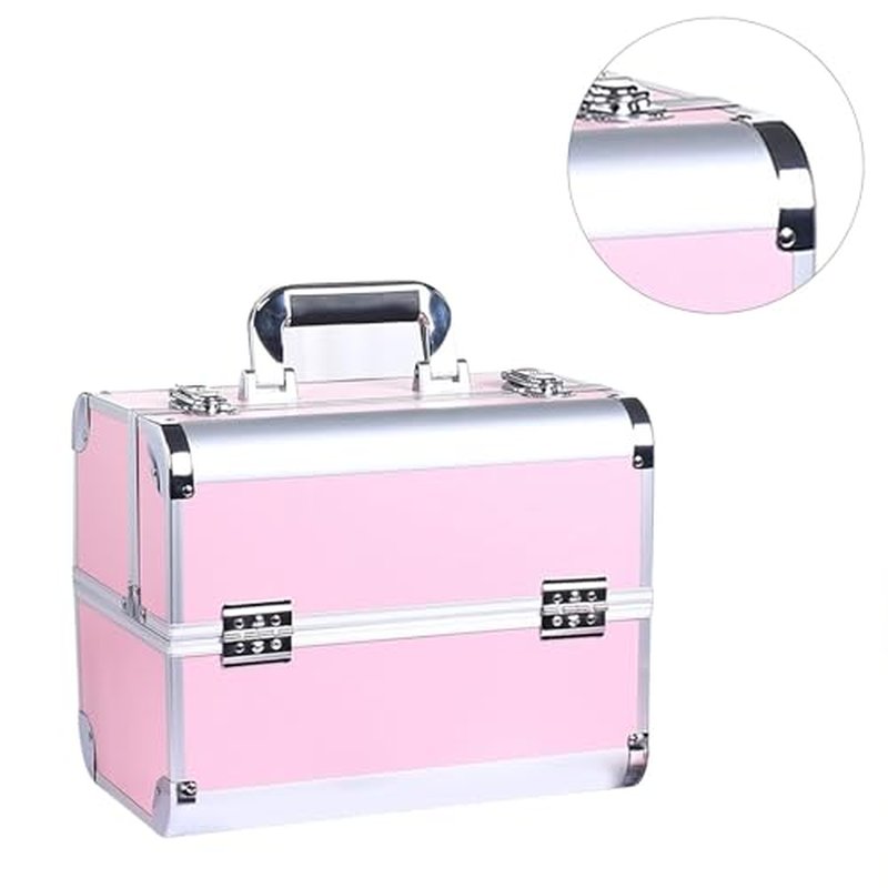 Portable Makeup Case Large Space Portable Multilayer Makeup Case, Novel Design Cosmetic Train Case for Artists, Family and Friends (Pink)