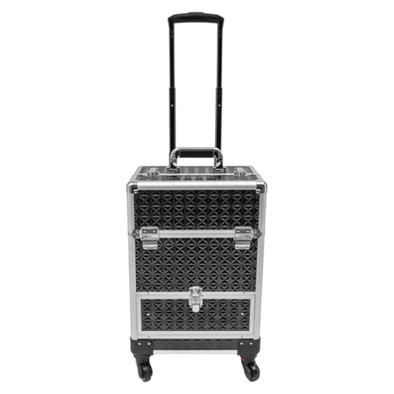 Rolling Makeup Train Case with Storage Sliding Drawer and Removable Divider, Lockable Cosmetic Travel Trolley Case with Wheels Salon Barber Travel Cart Trunk for Nail Tech Hairstylist (Black Silver)