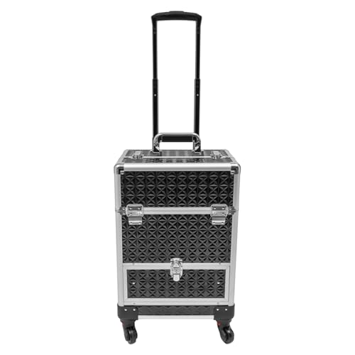 Rolling Makeup Train Case with Storage Sliding Drawer and Removable Divider, Lockable Cosmetic Travel Trolley Case with Wheels Salon Barber Travel Cart Trunk for Nail Tech Hairstylist (Black Silver)