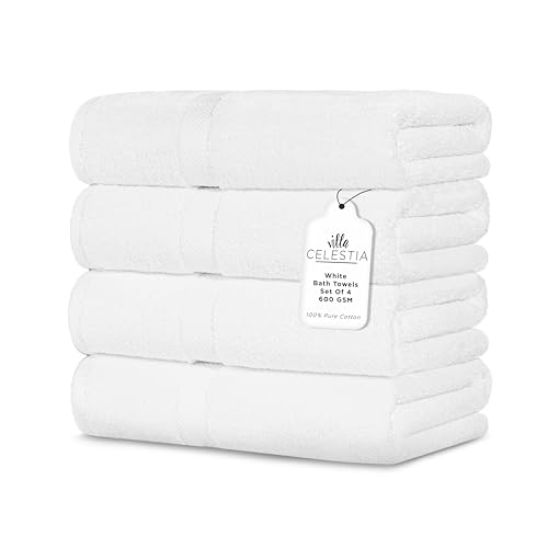 Villa Celestia 600 GSM 100% Cotton Bath Towels, White, Set of 4, Highly Absorbent, Plush, Soft, Quick Dry, 4 Pieces Combed Cotton Luxury Towels for Hotels, Spa, Salon, Bathroom, Dorm, Pack of 4