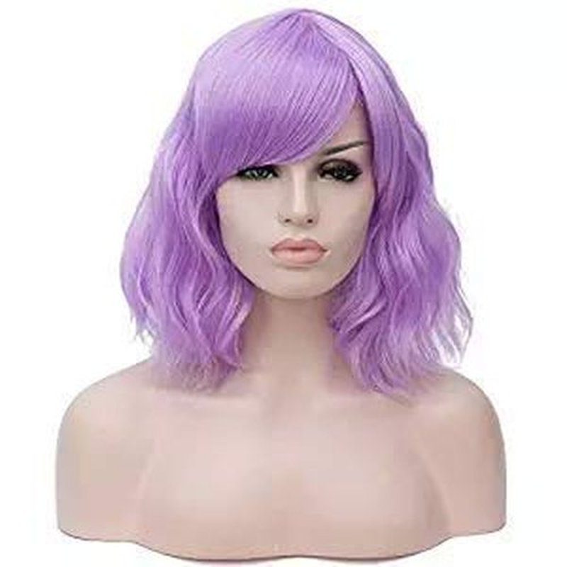 PLUSKER 40cm/15.7inch Women Light Purple Short Curly Cosplay Wig with Side-Parted Bangs Lolita Style Hair Synthetic Heat Resistant Party Costume Wigs