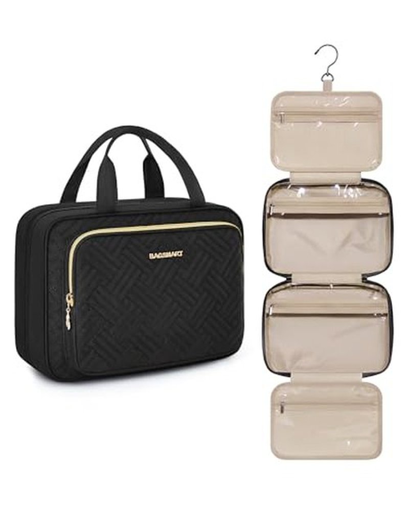 BAGSMART Toiletry Bag Hanging Travel Makeup Organizer with TSA Approved Transparent Cosmetic Bag Makeup Bag for Full Sized Toiletries, Medium-Black