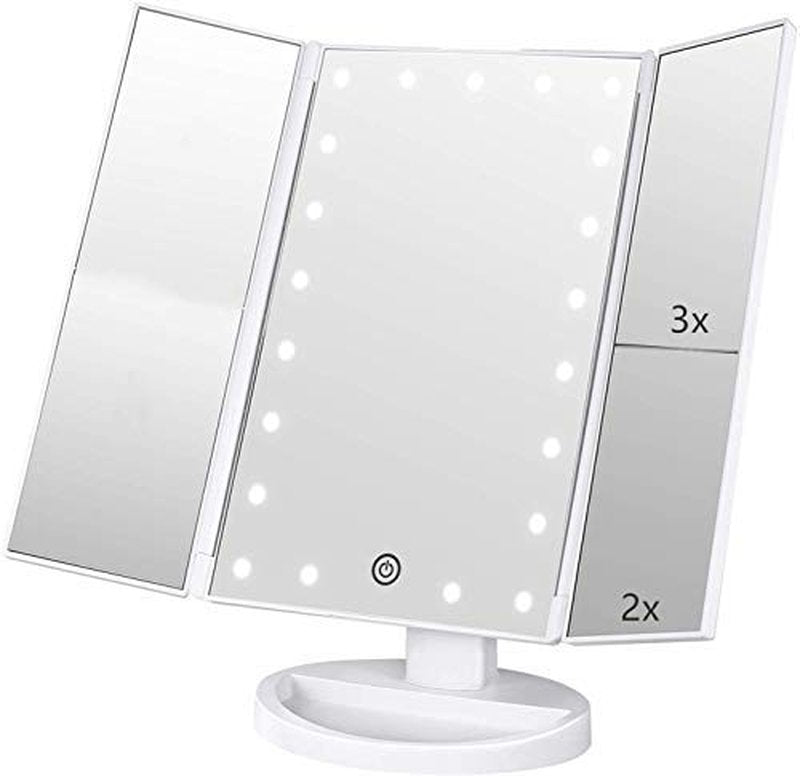Flymiro Tri-fold Lighted Vanity Makeup Mirror with 3x/2x/1x Magnification, 21 LLED Light and Touch Screen,Dual Power Supply, Portable LED Makeup Mirror, Travel,Women Gift (White)