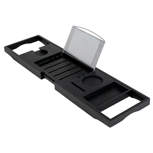 Utoplike Bamboo Bathtub Tray Caddy, Black Bath Tray Table for Tub, Adjustable Bathroom Organizer with Book Tablet Wine Glass Cup Towel Holder