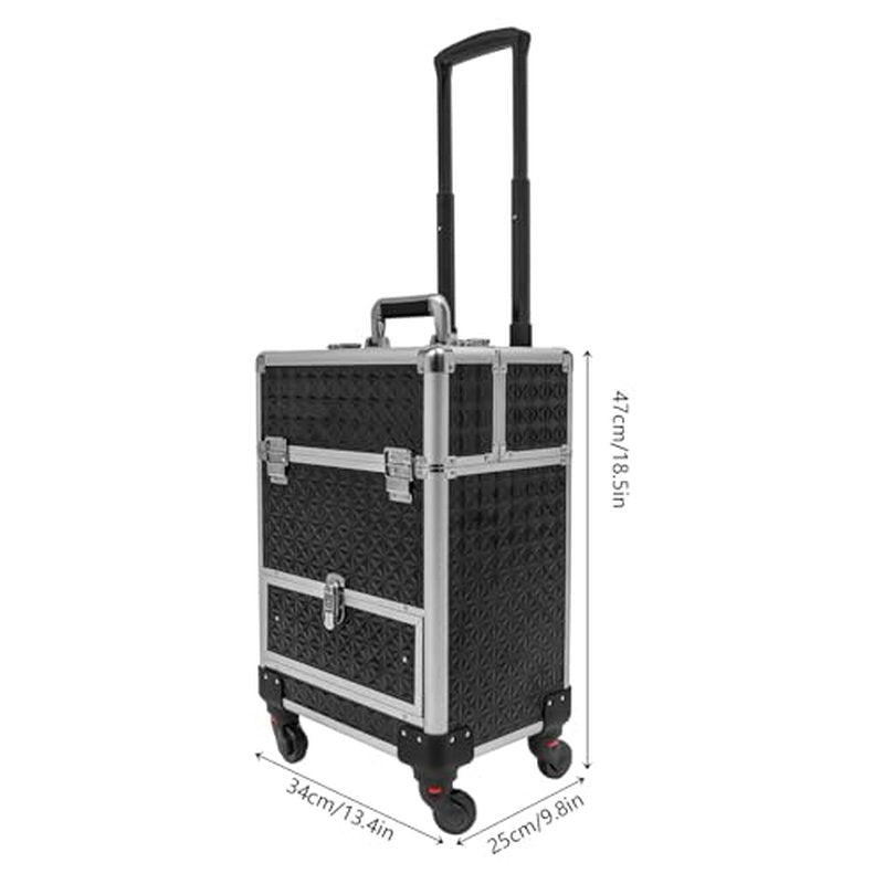 Rolling Nail Case Wheeled Manicure Storage Case, Professional Cosmetology Case, Large Cosmetic Trolley Travelling Cart Trunk with Locks and Drawers, Makeup Case with 4 Universal Wheels (Black+Sliver)