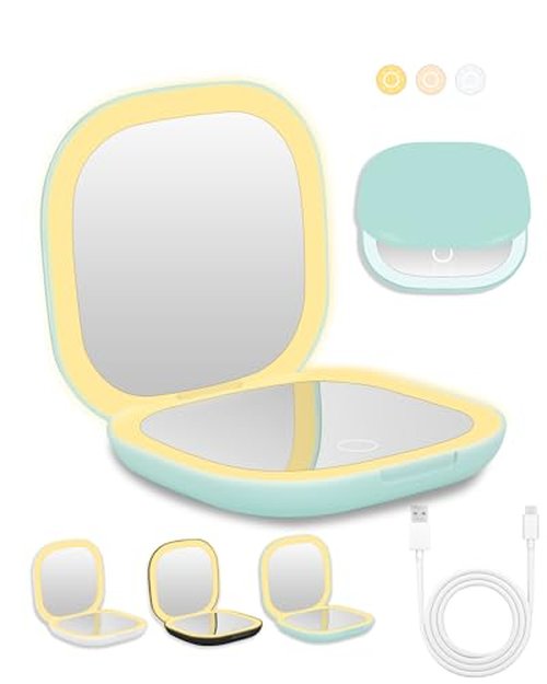 Dec.Metu Compact Mirror, 1X/5X Magnification Pocket Travel Makeup Mirror with Lights for Purse Rechargeable Small Handheld Mirror for Gift Black
