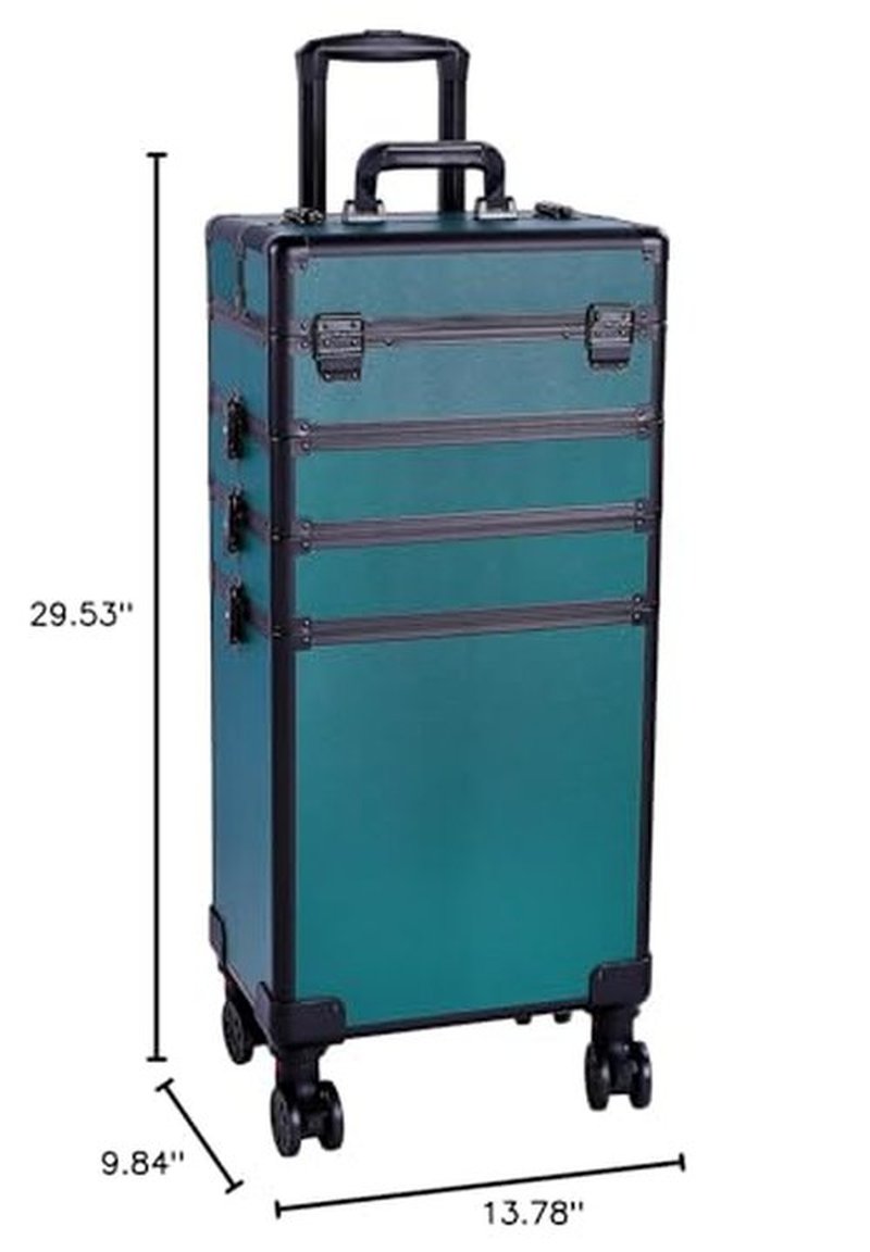 4 in 1 Rolling Makeup Train Case, Professional Aluminum Makeup Travel Organizer Cosmetic Case, Cosmetology Caboodle Case on 360° Wheels, Beauty Storage Luggage Lockable(Dark Green)