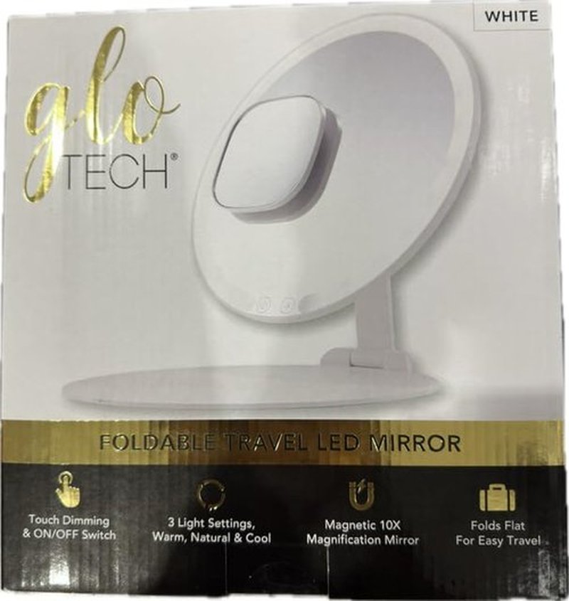 Glo-Tech Foldable Travel LED Mirror, 3 Light Settings, 10X Magnification, Touch Dimming (White)