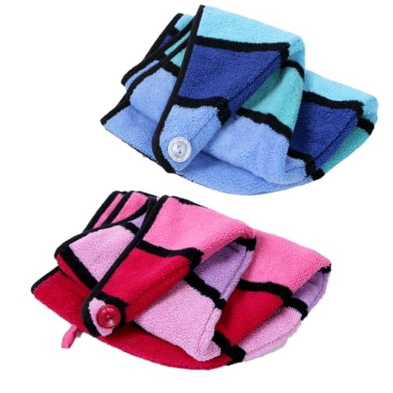 Wenlly 2 Pack 100% Cotton Hair Drying Towel, Hair Towel wrap with Button for Women, Shower Head Towel, Dry Hair Turban (red & Blue)