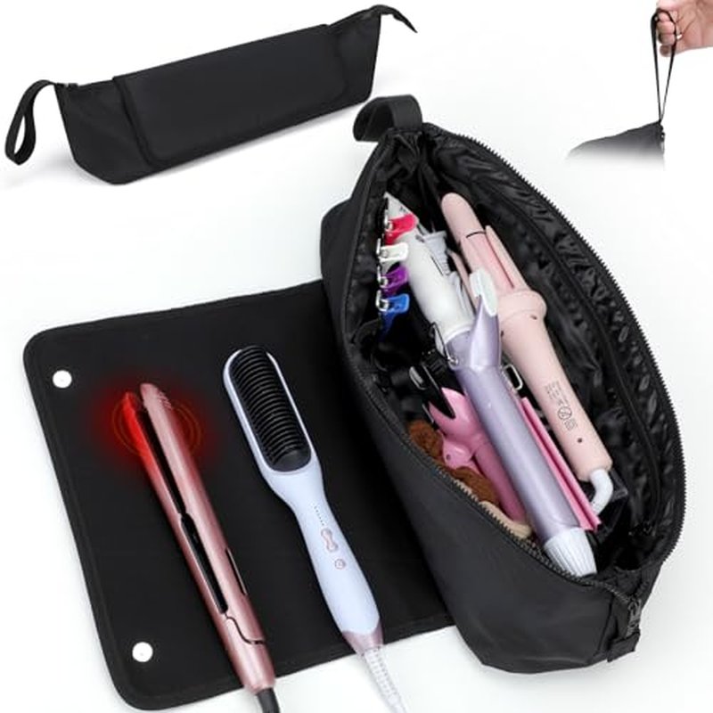 BAQRAXIA Travel Essentials Neoprene Hair Style Tools Bag w/Fireproof Mat for Flat or Curling Irons, Straighteners Accessories, Gifts for Women Mom Daughter Sister Friends for Birthday (Black-18INCH)