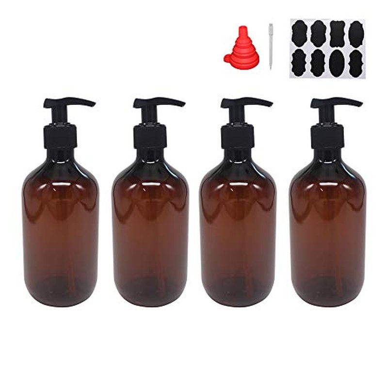 zmybcpack 4 Pack 16 OZ Empty Plastic Pump Lotion Bottles with 1 Pen, Labels & Silicone Funnel, Amber Color Lotion Dispenser with Locking Pump for Body Wash, Shampoo, Massage Lotion, Gel