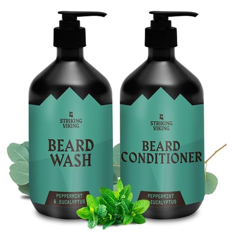 Striking Viking Beard Wash and Conditioner (Peppermint & Eucalyptus) - Paraben & Sulfate Free Beard Shampoo & Beard Conditioner For Men with Jojoba Oil - Care For All Beard Types (10oz Per Bottle)