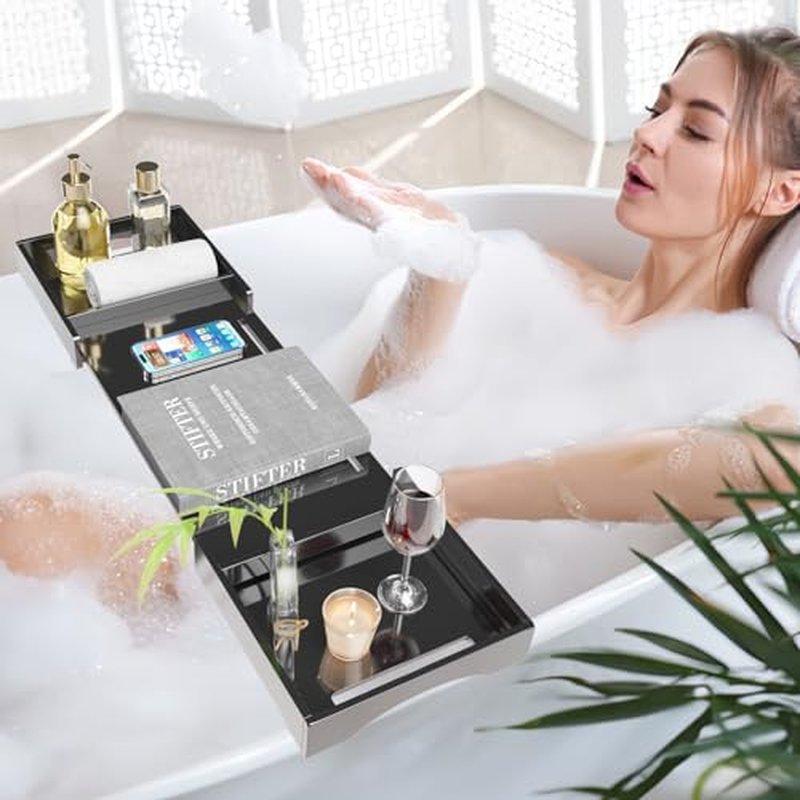 Bathtub Tray Caddy Table for Tub - Rulyyo Tub Tray Bath Caddy Tray for Bathtub, Black 23-42.5 Inch Expandable Over The Tub Bath Tray for Bathtub, Waterproof Bathtub Caddy Tray for Luxury Bath