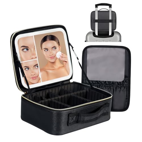 VANMRIOR Travel Makeup Bag with LED Lighted Make up Case with 3X 5X Magnification Mirror Cosmetic Makeup Box Organizer Vanity Case for Women Beauty Tools Accessories Case Rechargeable