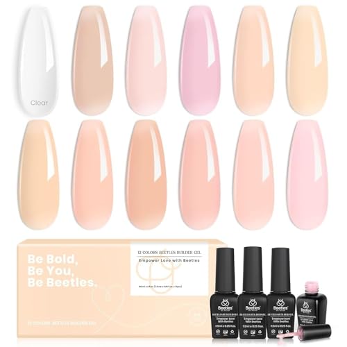 Beetles Builder Gel,12 Pcs 5 in 1 Nude Builder Clear Nail Strengthener Extension Gel Nail Pink Jelly Color Hard Gel Builder Extension Gel for Nail Art Gifts