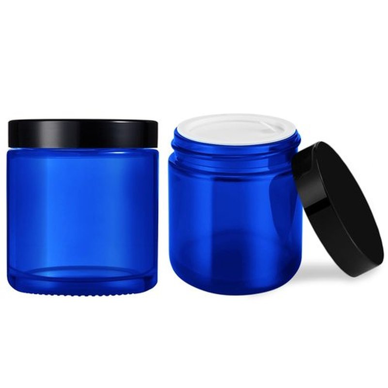 4 oz Glass Jars with Lids, Tecohouse Blue Glass Jars with Black Lids & Inner Liners, Mini Travel Sample Containers for Slime, Makeup, Cream, Lotion, Cosmetic - 2 Pack