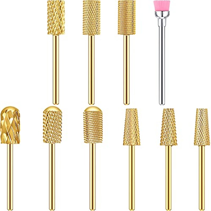 10 Pcs Nail Drill Bits Set, Tungsten Carbide Nail Bits for Nail Drill, Remove Acrylic Nail Gel Nail Polish, 3/32 Inch Bits Manicure Pedicure Tools for Salon Home Nail Supplies(Gold)
