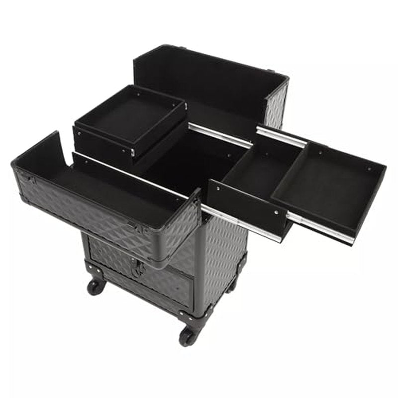 Rolling Nail Case Wheeled Manicure Storage Case, Professional Cosmetology Case, Large Cosmetic Trolley Travelling Cart Trunk with Locks and Drawers, Makeup Case with 4 Universal Wheels (Black)
