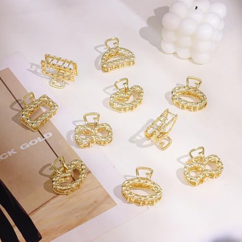 CWJCYTNSN Small Gold Hair Clips for Women, 10PCS Metal Hair Claw Clips for Thick Thin Hair, Cute Nonslip Hair Clips Strong Hold Hair Accessories Fashion Gold Jaw Claw