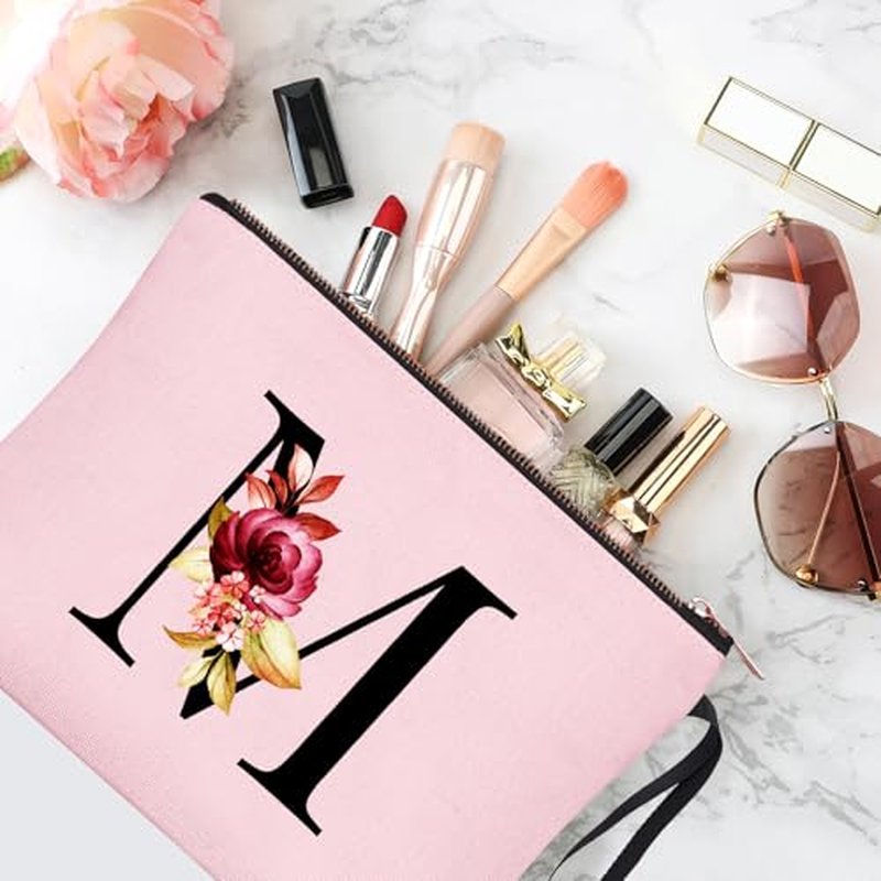 Vavabox A-Z Personalized Makeup Bag,Birthday Gifts for Women Mom,Gifts for Best Friend,Bride Bridesmaid Cosmetic bag (M, Pink)