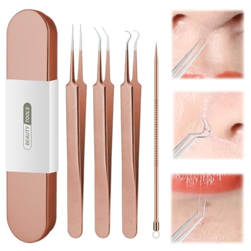 xwxwseui Usiveinborn Blackhead Remover Upgraded, Usiveinborn Blackhead Tweezers, Professional Upgraded Facial Blackhead Remover Tweezers, Blackhead Remover Tools Sets (A5-Rose-Gold-4pcs)