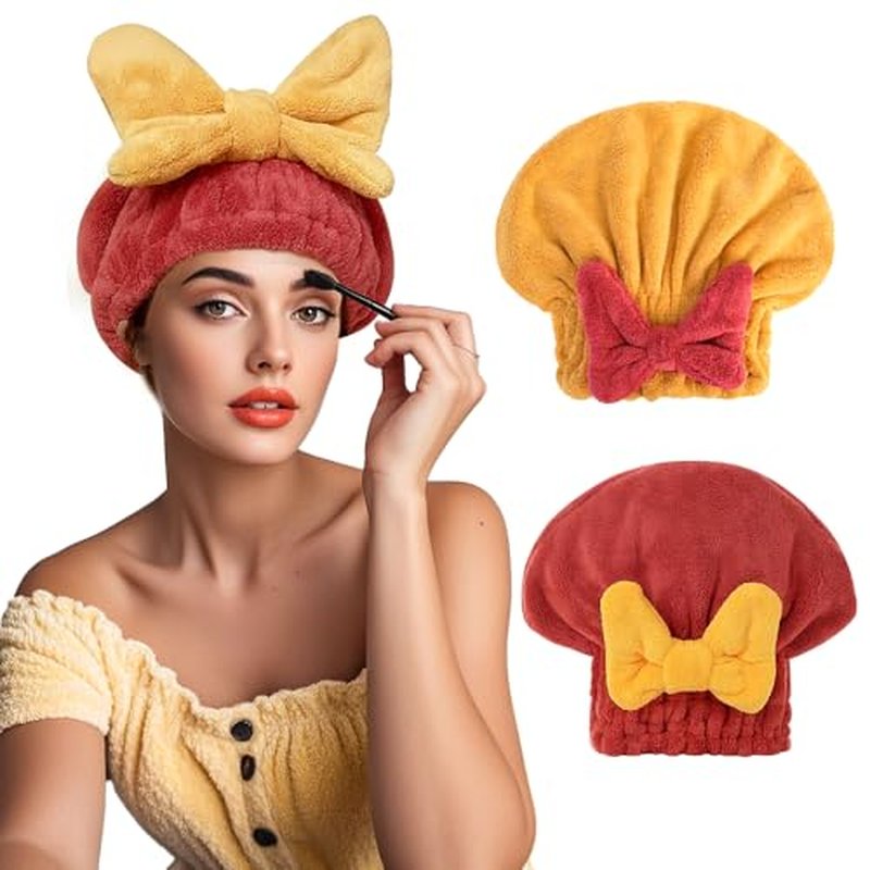 2Pcs Microfiber Hair Drying Caps Extrame Soft Ultra Absorbent Quick Drying Hair Turban Wrap Towels Bow Knot Shower Cap for Curly Long Thick Wet Hair Girls and Women (Burgundy+Yellow)