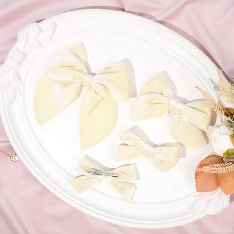 DEEKA 4 PCS Beige Velvet Hair Bows 3 Styles 5" & 4" Handmade Hair Bow set for Toddler Girls Alligator Hair Clips Knot Bows Hair Accessories for Little School Girls (Beige)